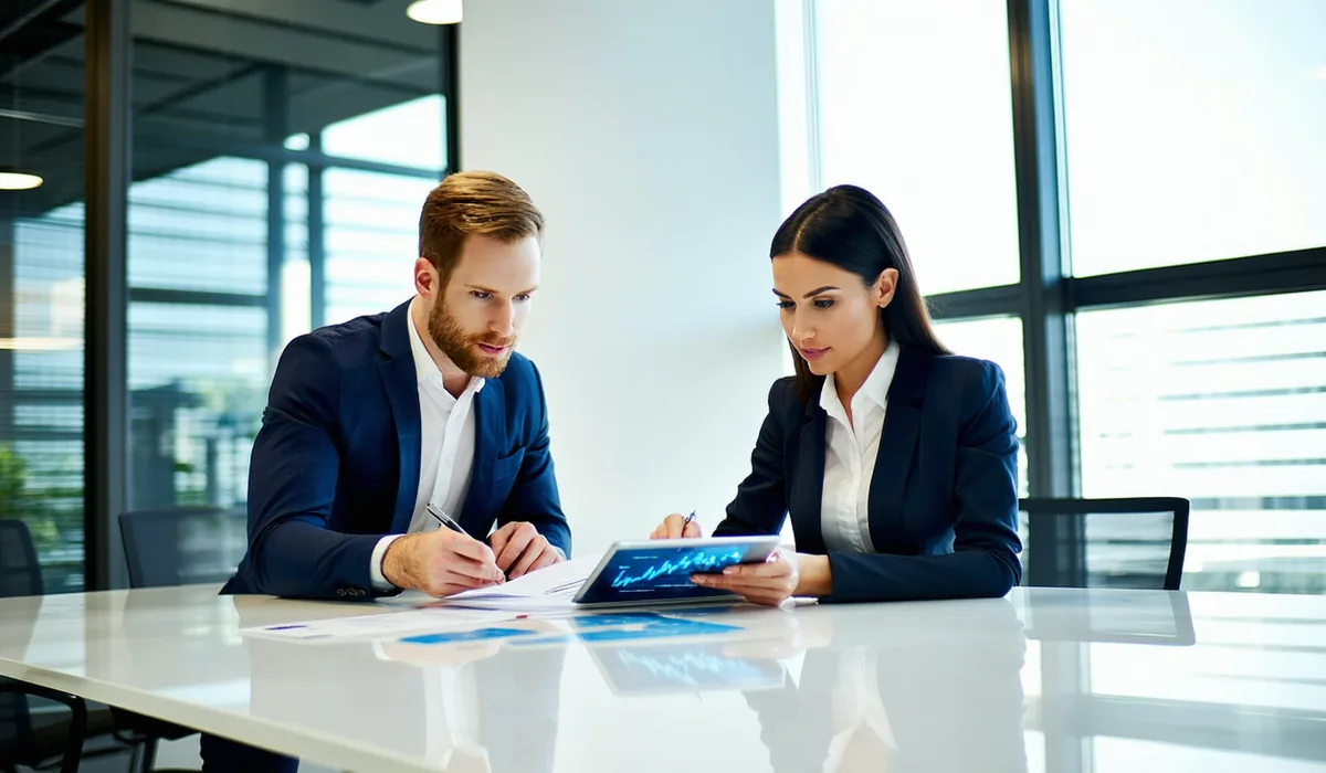 Professional audit team reviewing certification documentation in a modern office setting
