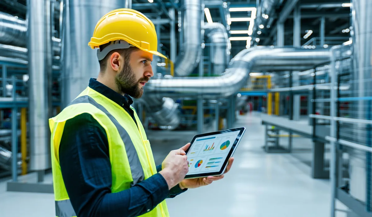 Field inspector in safety equipment reviewing a clipboard checklist at an industrial facility